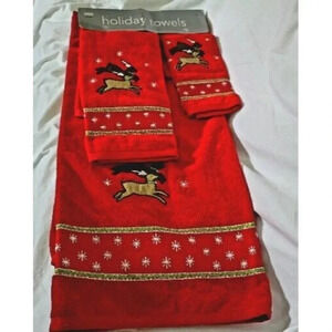 100% Cotton Embroidered Reindeer Bathroom Xmas 3 Piece towel set, MarthaStewart
